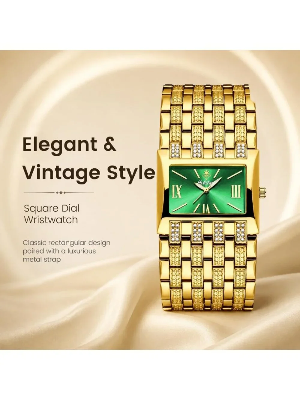 Women's Gold Green Rectangular Crystal Bangle Stainless Steel Quartz Wrist Watch